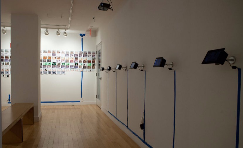 ADPC at the Hudson Guild Gallery - a view of a series of small screens mounted with small armetures and with wires taped to the wall 